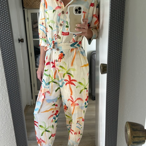 Farm Rio Copacabana Jumpsuit Small NWT white beige linen beach palm travel print - Picture 6 of 13